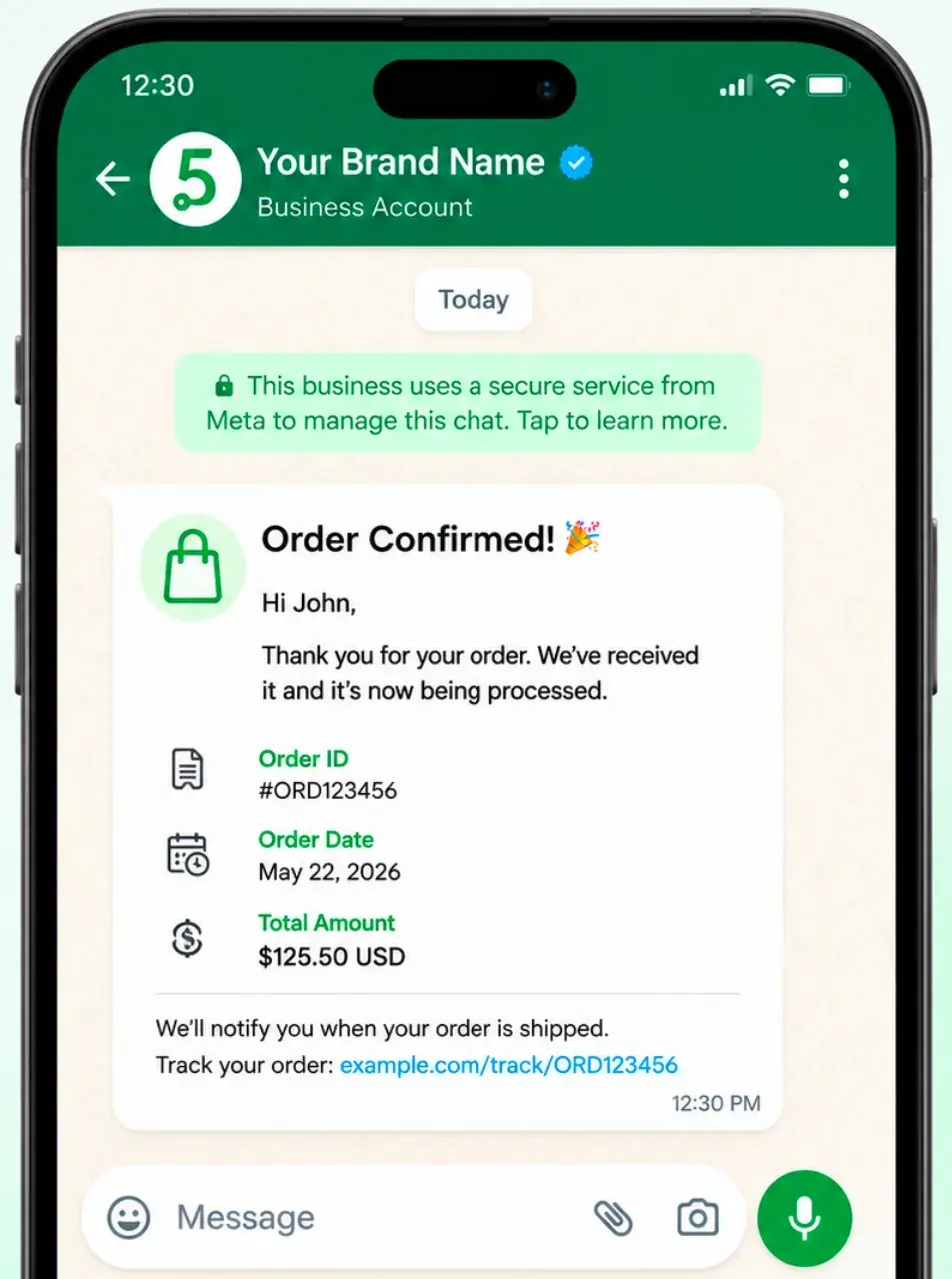 WhatsApp transactional order and delivery notification example from 5MinutesAPI