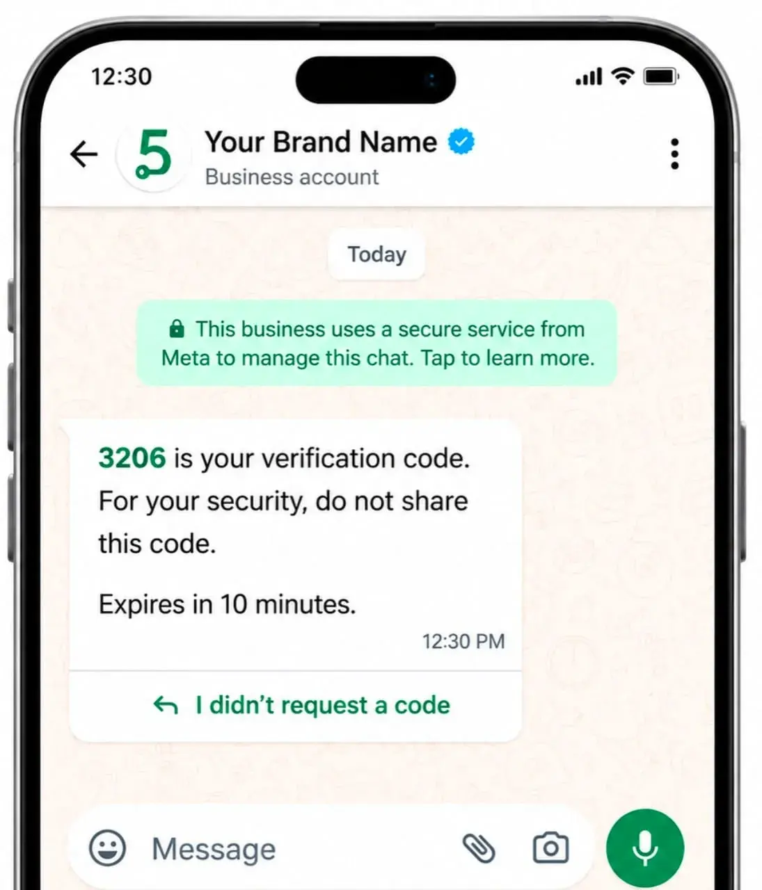 WhatsApp OTP API verification message example from 5MinutesAPI